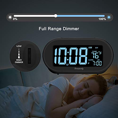 DreamSky Alarm Clocks for Bedrooms, Auto Set Digital Clock with Date & Temp | Electric Desk Clock with Dimmable Brightness Dimmer for Bedside Nightstand, Auto DST, USB Port, Temperature, Snooze - color: Black