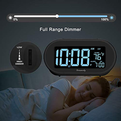DreamSky Alarm Clocks for Bedrooms, Auto Set Digital Clock with Date & Temp | Electric Desk Clock with Dimmable Brightness Dimmer for Bedside Nightstand, Auto DST, USB Port, Temperature, Snooze - color: Black
