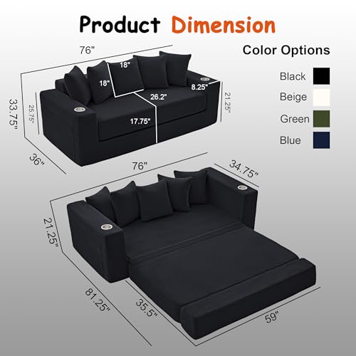 76" Convertible Sofa Bed, Corduroy Boneless Couch with Cup Holders & Pocket | 2-in-1 Sleeper Sofa, Pull-out Couch Bed with 5 Pillows, Living Room, Small Spaces, Bedroom, No Assembly - color: 76" Black