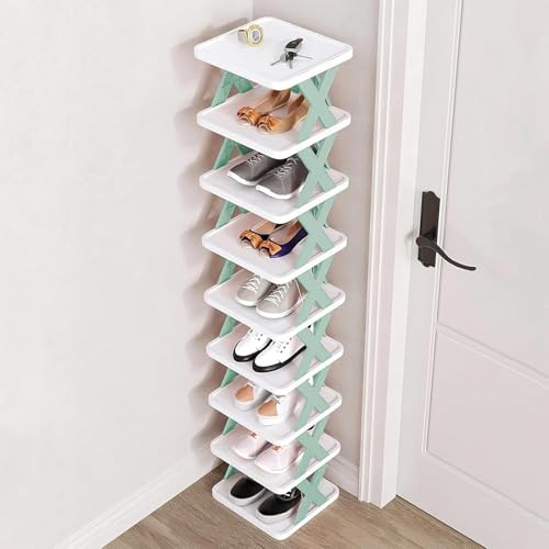 9Tier Narrow Entryway Shoe Rack Plastic Vertical Shoe Organizer Space Saving Free Standing Shoes Storage Shelf Closet Hallway - color: Blue