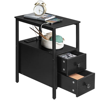 HOOBRO End Table with Charging Station, Narrow Side Table with 2 Drawer & USB Port & Power Outlets, Nightstand for Small Spaces, Stable and Sturdy, for Living Room, Bedroom, Black BK541BZ01 - color: Black