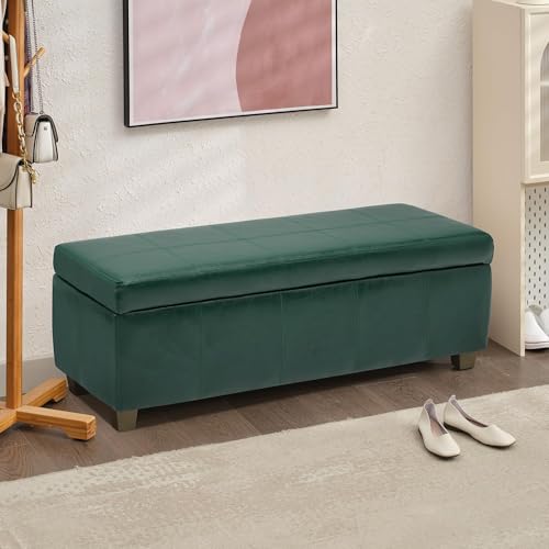51 Inch Storage Ottoman, Storage Bench with Safety Hinge, Upholstered Synthetic Leather Ottoman Bench for Bedroom, Living Room, Entryway, Hallway, Foot Rest, Support 500lbs - color: Green, size: 51 inch