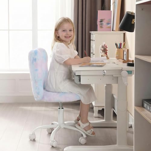 chairus Kids Desk Chair Butterfly Faux Fur Study Chair for Teenage Girls Adjustable Kids Vanity Chair for Bedroom Reading Living Room, Small Cute Student Task Chair with White Foot, Baby Blue - color: Butterfly, Blue