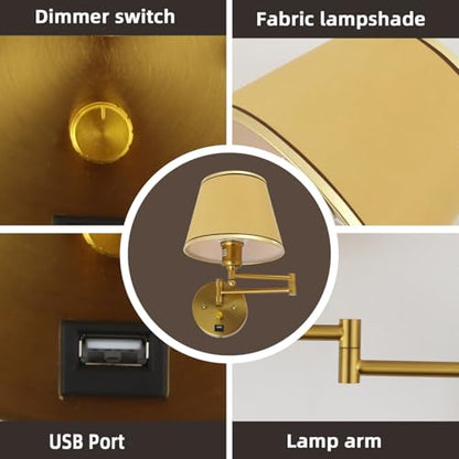 Plug-in Wall Sconce Swing Arm 1-Light Wall Mount Lamp with USB Charging Port Wall Sconce Lighting with Dimmable On Off Switch Gold Fabric Shade Brass Wall Lamp Light Fixture - color: Gold