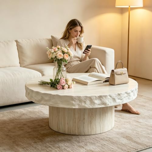 31.69" Modern Concrete Coffee Table with Base (31.69" x 12.99") | Center Table, Concrete Coffee Table, Travertine Accent Table, Living Room Furnitures, Mars Pattern - color: Mars,ø31.69" X 12.99"