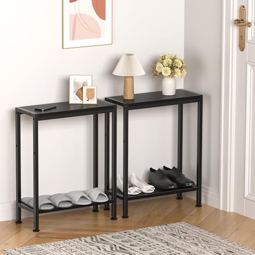 Narrow Side Table Set of 2 for Small Space, 2-Tier Slim End Table, Thin Nightstand, Skinny Snack Couch Table, Sofa Bedside Table in Living Room, Bedroom, Study, Kitchen and Balcony (Black) - color: Black, size: 2-Tier (7.9''D*17''W*22.8''H)