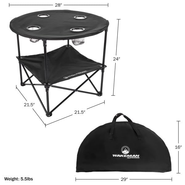 Camping Table - 2-Tier Folding Table with 4 Cupholders and Carry Bag for Picnic, Tailgate, Beach, or Camp - Camping Gear by Wakeman Outdoors (Black) - color: Black