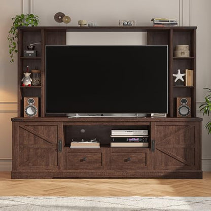 EnHomee Farmhouse Entertainment Center for 60" TV with LED & Power Outlets | Tall TV Console Wood TV Stand with Storage Shelves,Bookshelf for Living Room, Bedroom, Brown - color: Rustic Brown