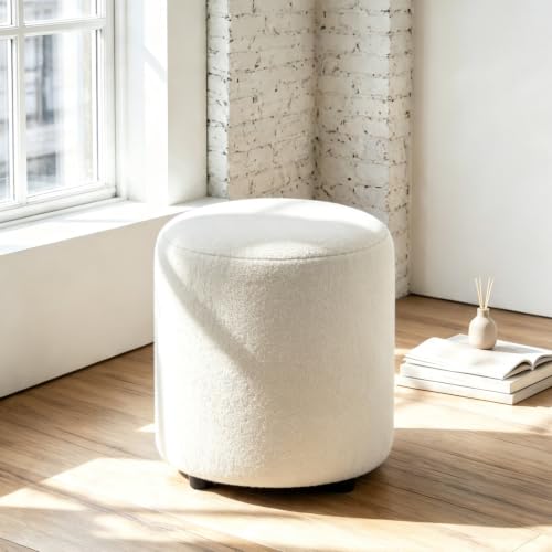 Modern Round Vanity Stool, Small Ottoman, Cute Fabric Foot Stool, Teddy Fleece Footrest, Upholstered Vanity Chair, Stool for Makeup, Bedroom, Living Room (2, Round-White) - color: Round-white