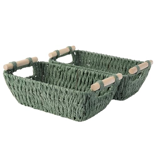 StorageWorks Small Storage Basket, Woven Basket for Shelves, Bosana Green | Wicker Storage Baskets for Shelves, Baskets with Wooden Handles, 2-Pack Gifts Basket for Home Decor, Hand-Woven Basket - color: Bosana Green, size: Small