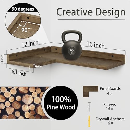 Floating Corner Shelves Set of 4, Rustic Pine Wooden Floating Corner Wall Shelf for Wall Décor Storage, L Shaped Corner Shelf Wall Mount For Bedroom, Living Room, Bathroom, Kitchen, Light Brown - color: Lightly Brown Corner Shelves
