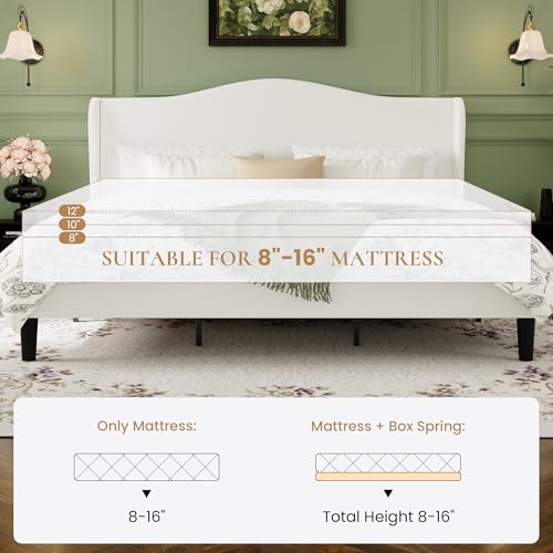 HA CERLIN King Size Bed Frame with Curved Wingback Headboard,Soft White | Modern Luxury Design Velvet Platform Bed with Sturdy Wooden Slats,Noise-Free, No Box Spring Needed, Easy Assembly - color: Soft White, size: King