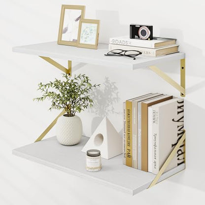 Dreamland Wall Mounted Floating Shelves Set of 2, 24x12, White&Gold | Engineered Wood, Visible Bracket, Large Storage, Hold Up to 50lbs, Living Room, Bathroom, Bedroom, Kitchen - color: White&gold, size: 24"W x 12"D