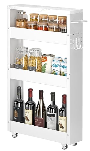 CHLORYARD Slim Storage Cart, 4-Tier Kitchen Rolling Cart Narrow Storage Cabinet with Handle & Wheels, Metal Rolling Shelf Unit for Kitchen Bathroom Laundry Small Places(5 in Width/White) - color: White/White, size: 5 IN Width