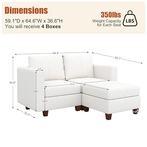 MINCETA Modular Sectional Sofa, Modern Comfy Sofa with Upholstered and Storage Ottoman for Living Room,Bedroom(White, 3 Seat L Shape) - color: White, size: 64.6"W*59.1"D L Shape