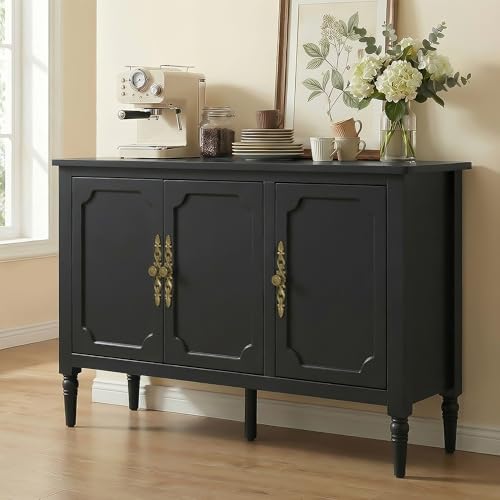 RoyalCraft Buffet Sideboard Cabinet with 3 Doors, Wooden Coffee Bar Credenza with Adjustable Shelves, Vintage Storage Cabinet for Kitchen Dining Entryway Living Room, Black - color: Black, style: 3 Doors