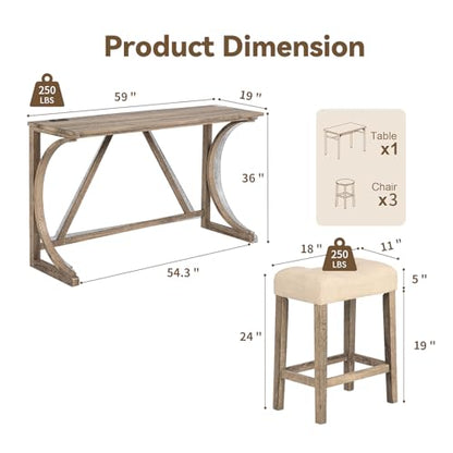 59" Counter Height Bar Table Set with Power Outlet, Industrial Breakfast Table with 3 Padded Stools, 4 Piece Bar Table and Chairs Set for Living Room, Dining Room, Brown - color: O-brown