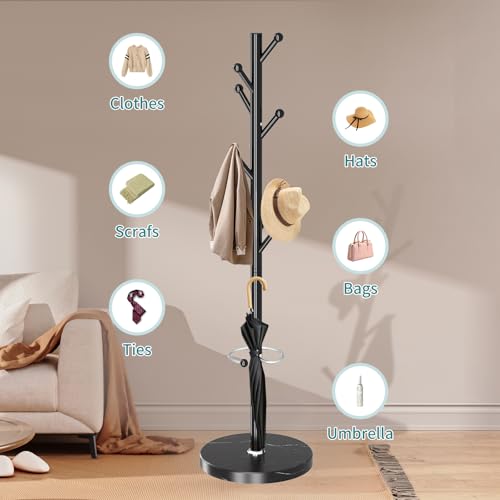OIRUMIE Coat Rack,Metal Coat Rack Frestanding,Black Coat Stand for Entryway | Coat Rack Stand with Marble Base & Umbrella Holder,Modern Coat Hanger Stand,Coat Clothes Tree Stand for Hallway - color: Black-8 Hooks