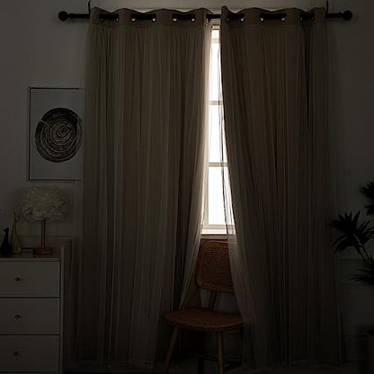 INLINAS Blackout Curtains with Sheer Overlay, Beige, 52x63 Inches | Grommet Top Double Layer Curtains for Bedroom and Living Room Thermal Reduction Light Blocking and Energy Saving, Set of 2 - color: Beige, size: 52"W x 63"L (Pack of 2)