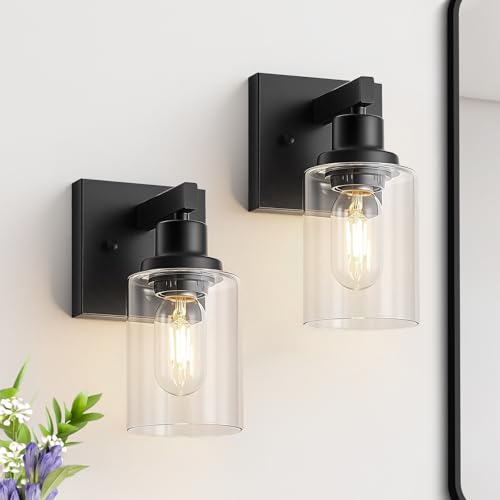 Set of 2 Wall Sconces for Bathroom, Black Bathroom Vanity Light,Modern Wall Sconces Indoor with Clear Glass,Farmhouse Wall Lamp for Bedroom Living Room Mirror Hallway - color: Black, size: 1-light(2pcs)