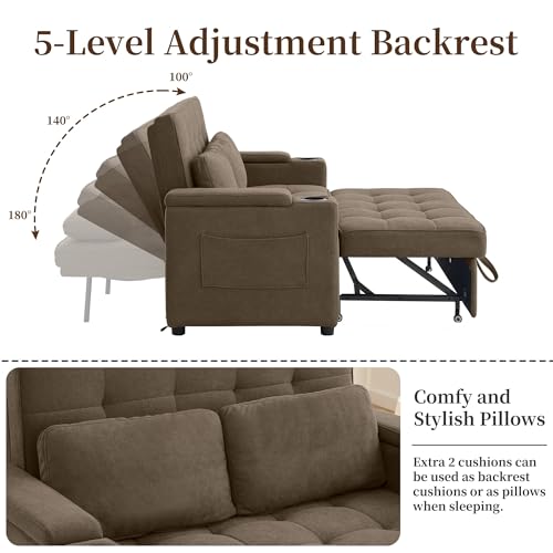 Korser 55.5'' 3-in-1 Convertible Sofa Bed, Pull Out Couch with 5-Position Adjustable Backrest, Loveseat Sleeper Sofa for Small Spaces, Sofa Couch with Cup Holders for Living Room, Office, Chenille - color: Brown
