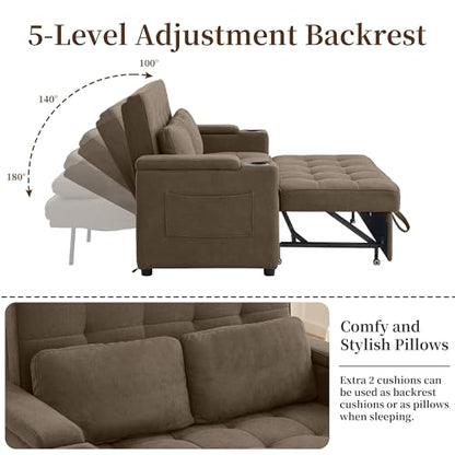 Korser 55.5'' 3-in-1 Convertible Sofa Bed, Pull Out Couch with 5-Position Adjustable Backrest, Loveseat Sleeper Sofa for Small Spaces, Sofa Couch with Cup Holders for Living Room, Office, Chenille - color: Brown