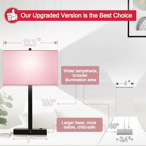Lynnoland 21" Set of 2 Table lamp with USB A+C & AC Outlets, Touch Control 3-Way Dimmable Nightstand Lamps for Bedroom Living Room Office Reading, Pink Shade Touch Lamps, 5000K LED Bulbs Included - color: (2 Pack)Pink Line & Matte Black (Base)-Two 5000K B