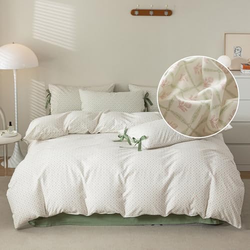 Pink Floral Duvet Cover Twin Chic Plaid Grid Duvet Cover 100% Cotton Floral Cottagecore Bedding Set for Girls Women Vintage Country Bedding Blooming Flower Comforter Cover with 2 Bowknot Pillowcases - color: A1# 01-7 Bow Tie Bloom Pink, size: Twin(68"x86"
