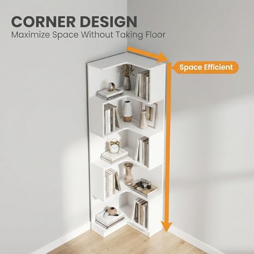 Corner Bookshelf, 5 Tier Tall Corner Bookcase with LED Lights, Freestanding L Shaped Open Display Shelf for Living Room, Bedroom, Home Office (White) - style: White-without drawers