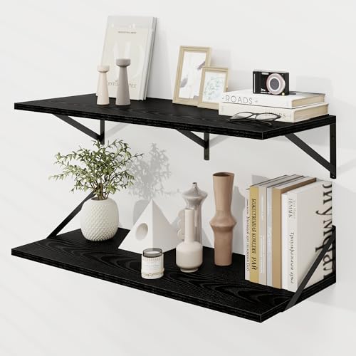 Dreamland Wall Mounted Floating Shelves Set of 2, 36x12, Black | Engineered Wood, Visible Bracket, Large Storage, Hold Up to 60lbs, Living Room, Bathroom, Bedroom, Kitchen - color: Black, size: 36"W x 12"D