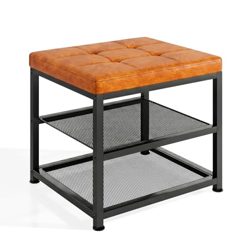 Small Shoe Storage Bench with PU Leather Seat Cushion, 3-Tier Freestanding Shoe Rack Organizer for Entryway, Heavy-Duty Metal Mesh Shelves, Supports Up to 300 lbs, Brown (15.7"x11.4"x17.5") - color: Brown, size: 15.7"L