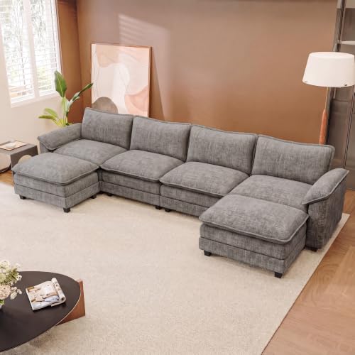JUMMICO 159" U-Shaped Shaped Sectional Couch, Modular Cloud Sofa,Light Grey | 2 Movable Ottoman,4 Deep Seats, Sturdy Frame, Comfy Chenille, Easy Assembly, Sleeper Sofa for Living Room, Apartment - color: Light Grey, size: U Shaped Sofa