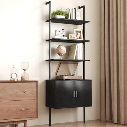 Yusong 73" Tall Bookshelf with Cabinet, Industrial Ladder Wall Mount Shelf Bookcase with Wood and Metal Frame, Plant Shelf Wall Storage Display for Living Room Bedroom, Black Wood Grain - color: Black
