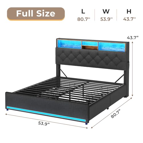 HAUOMS Full Bed Frame with Headboard and 4 Drawers, Grey Upholstered | Storage Headboard with Charging Station and LED Lights, Platform Bed with 5 Shelf, Noise Free, No Box Spring Needed - color: Linen Grey, size: Full (U.S. Standard)