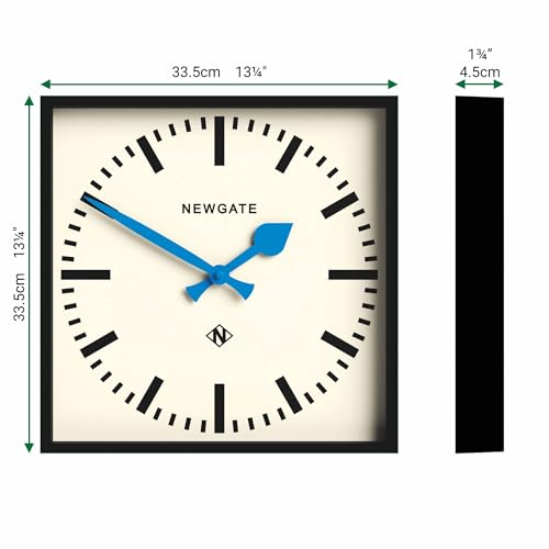 NEWGATE® Number Five wall Clock | Square Retro Inspired Modern Station Clock | 16" | Black with Blue Hands | Mid-Century Style for Kitchen, Living Room or Office - color: Blue