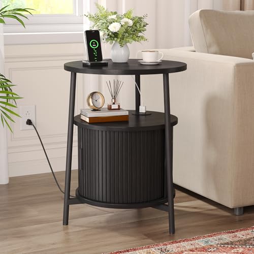 Round Side Table with Charging Station, Black | Circle Nightstand with Storage, Fluted Bedside Table, with Sliding Door, for Living Room Small Space Bedroom