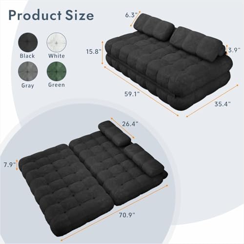 59.1" 3-in-1 Convertible Sofa Bed with Pillows - Black, Full | Folding Loveseat Sleeper Chair, Portable Fold Out Boneless Couch Lounge, Comfy Velvet Floor Mattress for Living Room Bedroom - color: Black, size: Full