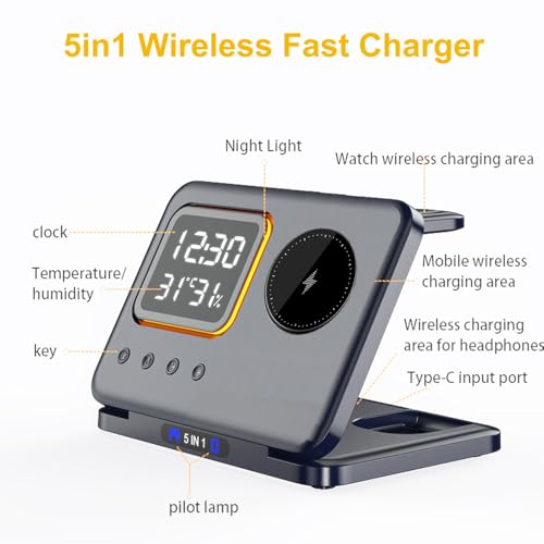 IHAO 5in1 Multi Functional Wireless Charger with Digital Clock 15W Fast Charge Night Light Temperature Display MagSafe Compliant for iPhone iWatch and Qi Headphone-DH13 White - color: 5IN1 MagSafe Compliant DH13 White