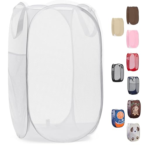 Handy Laundry Pop Up Laundry Hamper 71L Sturdy Collapsible Mesh (White) | Collapsible Mesh Pop Up Hamper, Wide Opening, Side Pocket, Breathable, Sturdy, Foldable, Space-Saving for Clothes Storage - color: White