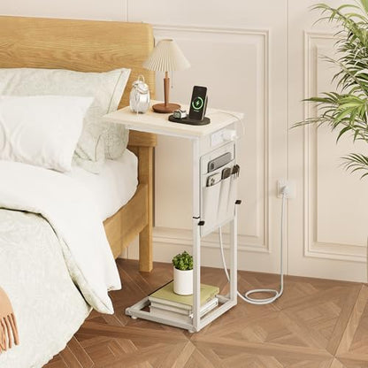 C Shaped End Table with Charging Station, Adjustable Height Side Table for Couch, Small Sofa Table C Table End Table, Slide Under Couch Table TV Tray Arm Table for Living Room, Bedroom, Cream - color: Cream White, style: With Plug