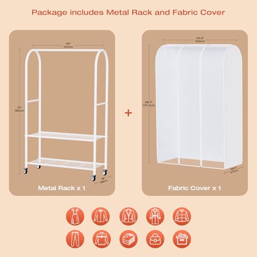 Univivi Heavy Duty Clothing Rack with Dust Cover and Bottom Storage Shelf | 360° Rotation Wheels, Tool-Free Quick Assembly, 2 Durable Zippers, Portable Closet Rack with Cover for Hanging Clothes - color: White Rack with White Cover