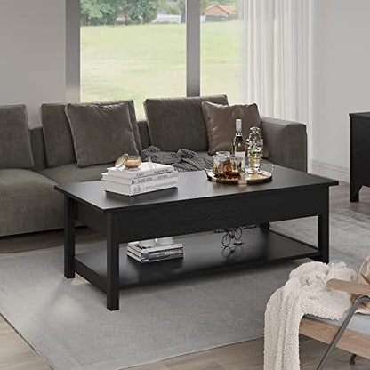 Panana Lift Top Coffee Table with Hidden Compartment and Open Shelf, Lift Tabletop Pop-Up Tea Table for Living Room, 45.28" L, Black - color: Black