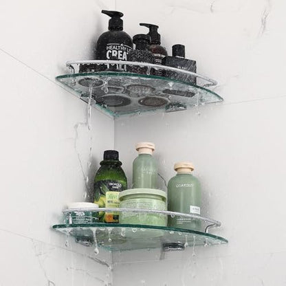 2 Ties Glass Corner Shelf with SUS 304 Stainless Steel Rail Chrome Finished, Esquinero para baños, Rustproof Tempered Glass Shelf, Shower Caddy Organizer 9.8" x 9.8" - size: 2 PACK With Rail