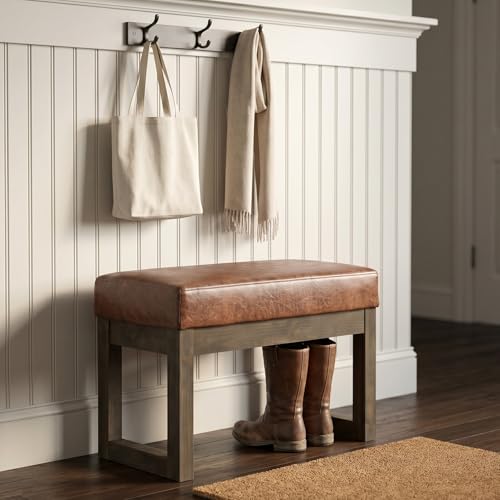 SIMPLIHOME Milltown 27" Wide Vegan Leather Ottoman in Saddle Brown | Distressed saddle brown, contemporary ottoman with a cushioned seat for bedroom seating; rectangle footstool or pouf. - color: Distressed Saddle Brown, style: Small Ottoman Bench