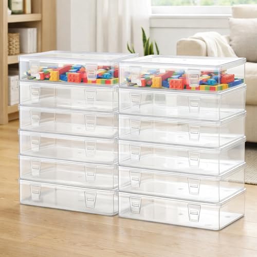 Weysat 12 Pack Clear Plastic Storage Containers with Lids 7.3 x 4.9 x 1.65 Inches Rectangular Empty Hinged Boxes Small Stackable Organizer Boxes for Home Office Beads Craft Supplies