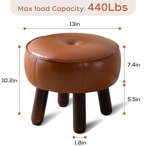 oakvivo Small Foot Stool, 13in Round Faux Leather Pouf Ottoman Foot Rest | Footstool Ottomans with Rubber Legs Under Desk, 13''L x 13''W x 10.2''H, Footrest for Couch, Living Room Bedroom, Brown - color: Brown