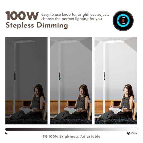 100W Led Floor Lamp Motion Sensor, 9000LM Eye Care Reading Light | 77" Tall Floor Lamp, 4000K Daylight, Full Spectrum, RG0, CRI≥97, Dimmable Bright Standing Lamp for Home Office, Living Room