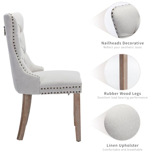 Beige-White Dining Chairs Set of 4, Tufted Kitchen & Dining Room Chairs | Four Fabric Tufted Dinning Chairs, Linen Upholstered, Wing Back, Metal Pull Ring, Wood Frame, Mid Century Modern - color: A-2 Beige Linen, Wood Legs, size: 4