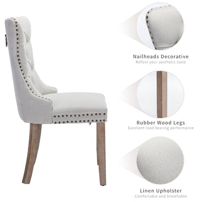 Beige-White Dining Chairs Set of 4, Tufted Kitchen & Dining Room Chairs | Four Fabric Tufted Dinning Chairs, Linen Upholstered, Wing Back, Metal Pull Ring, Wood Frame, Mid Century Modern - color: A-2 Beige Linen, Wood Legs, size: 4