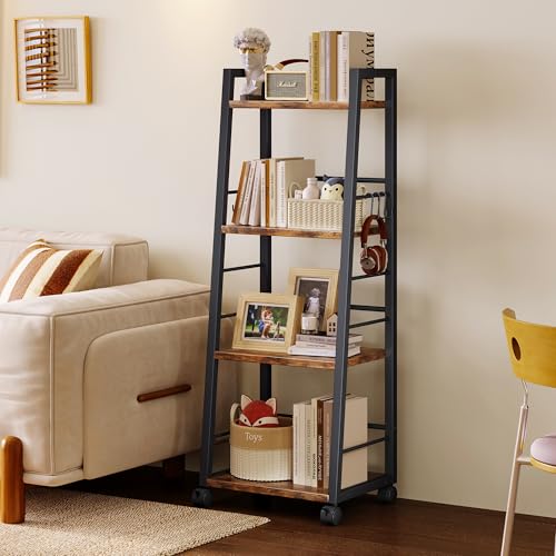 Homeiju 4 Tier Kitchen Storage Cart with Lockable Wheels & 6 Hooks, Mobile Utility Organizer Rolling Cart for Small Spaces, Bar Cart for Kitchen and Living Room, Rustic Brown